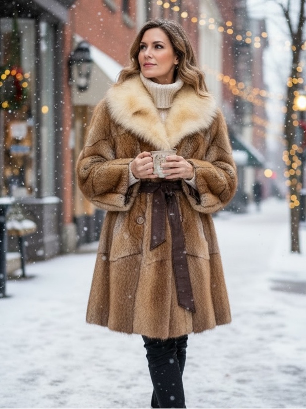 Vintage Fur Coat with Cream Collar
Brown leather belt
Medium. 20” chest
Luxury!
